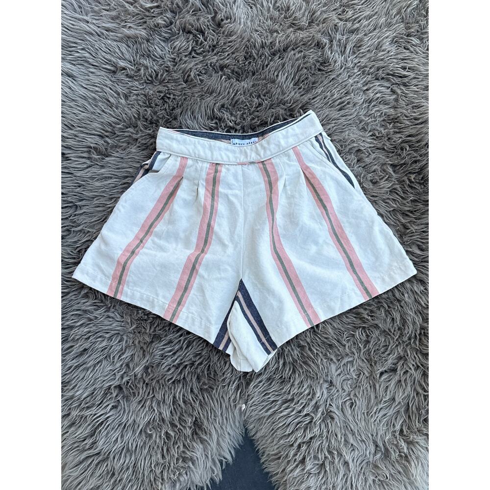 Apiece Apart White Linen Shorts with Pink and Navy Stripe